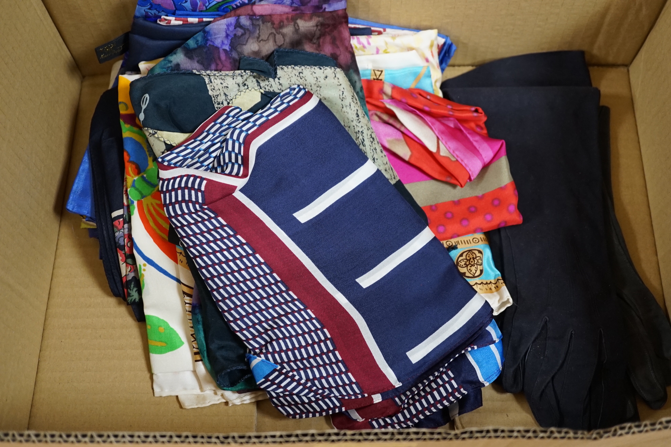 A group of silk and other scarves, kid gloves and three velvet ladies hats